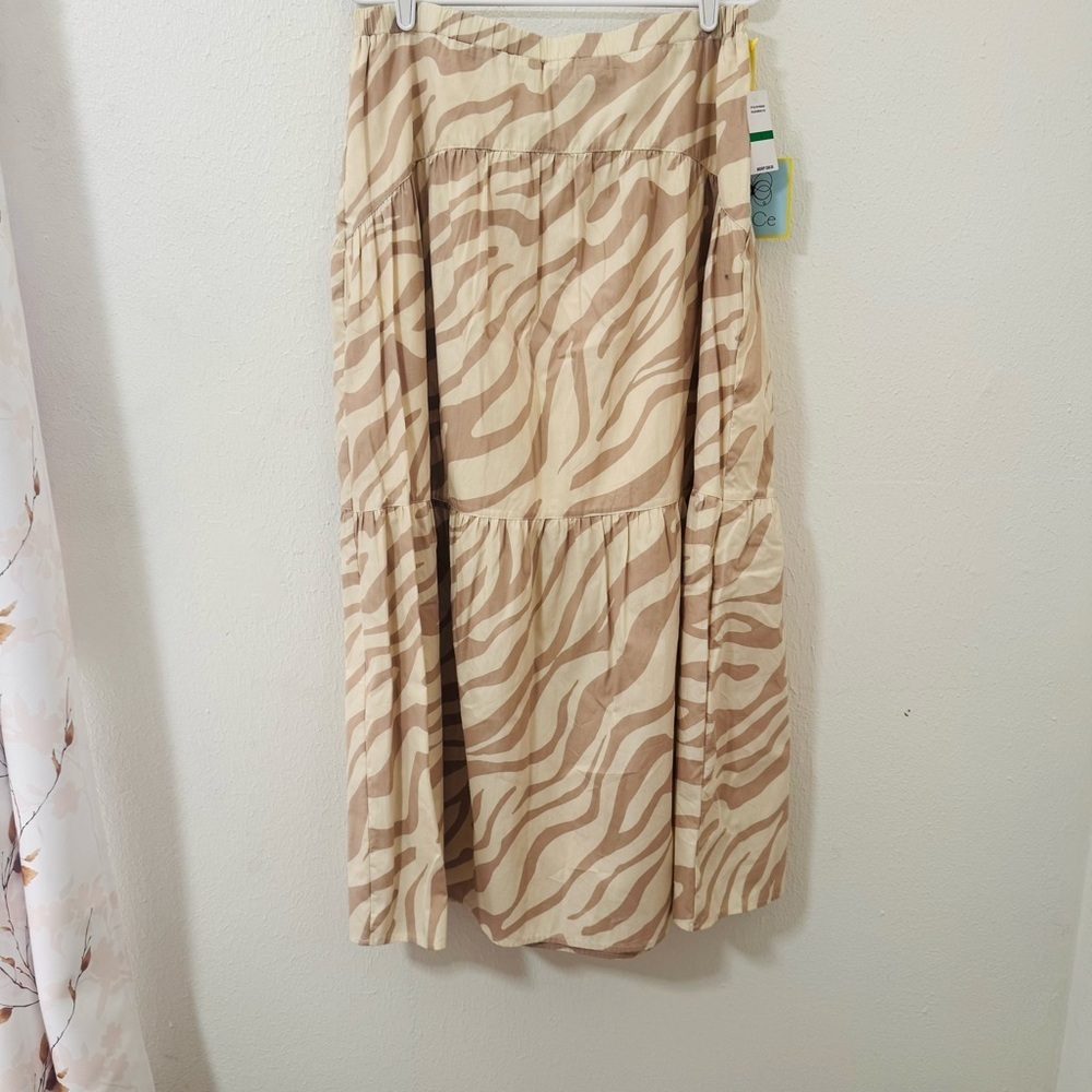 CeCe NWT Women’s Large Cream/Brown Zebra Print A-Line Tiered Lined Midi Skirt